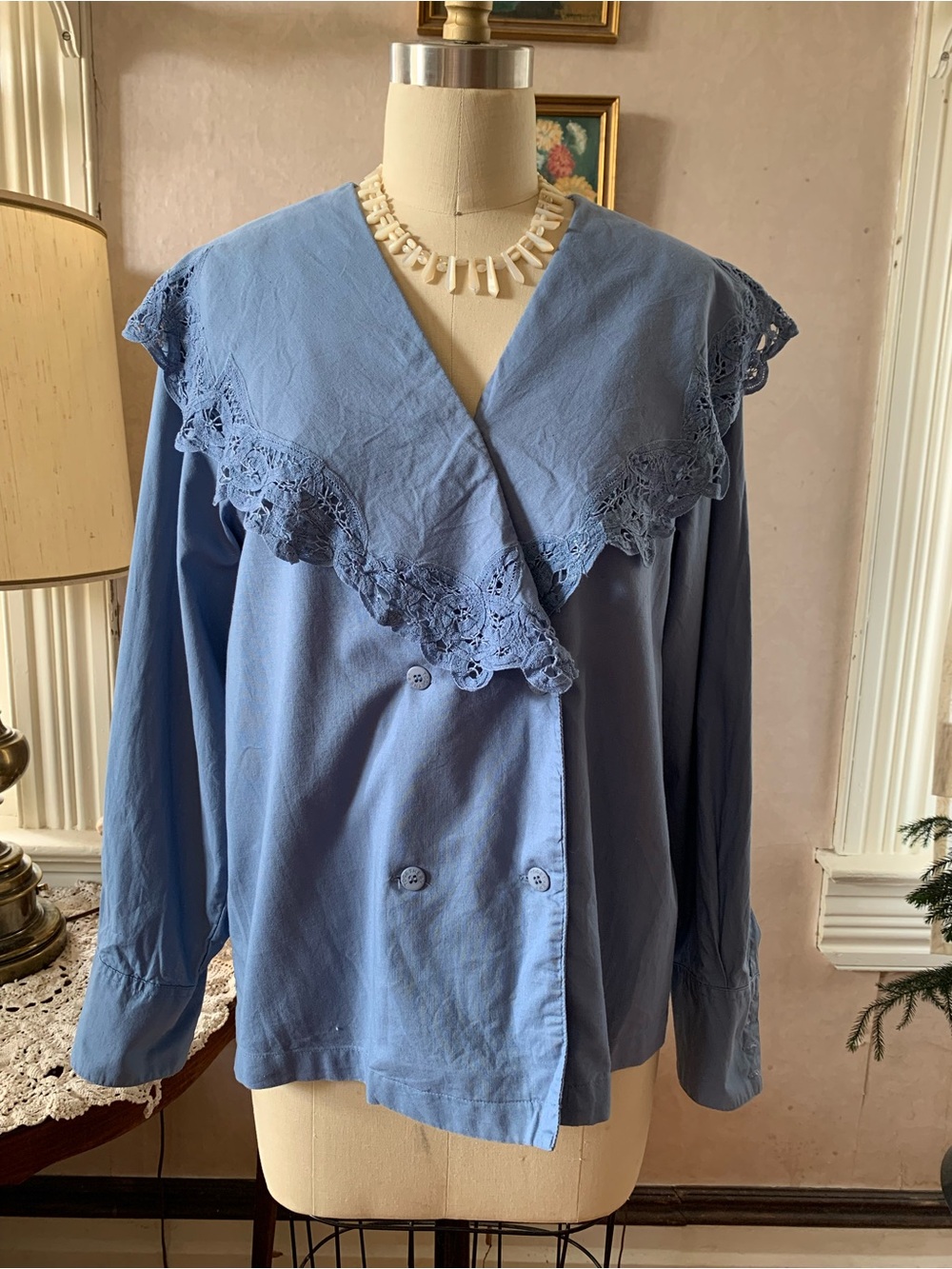Vintage Blue Lace-Trim Collar Button Front Women's Top Sz S
